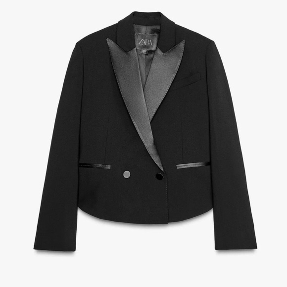 Zara Black Satin Lapel Cropped Blazer